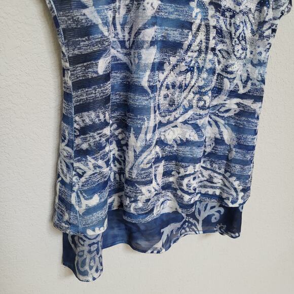 French Blue T Shirt Womens Size Petite Large Floral Stripe Short Sleeve Summer - Picture 9 of 11